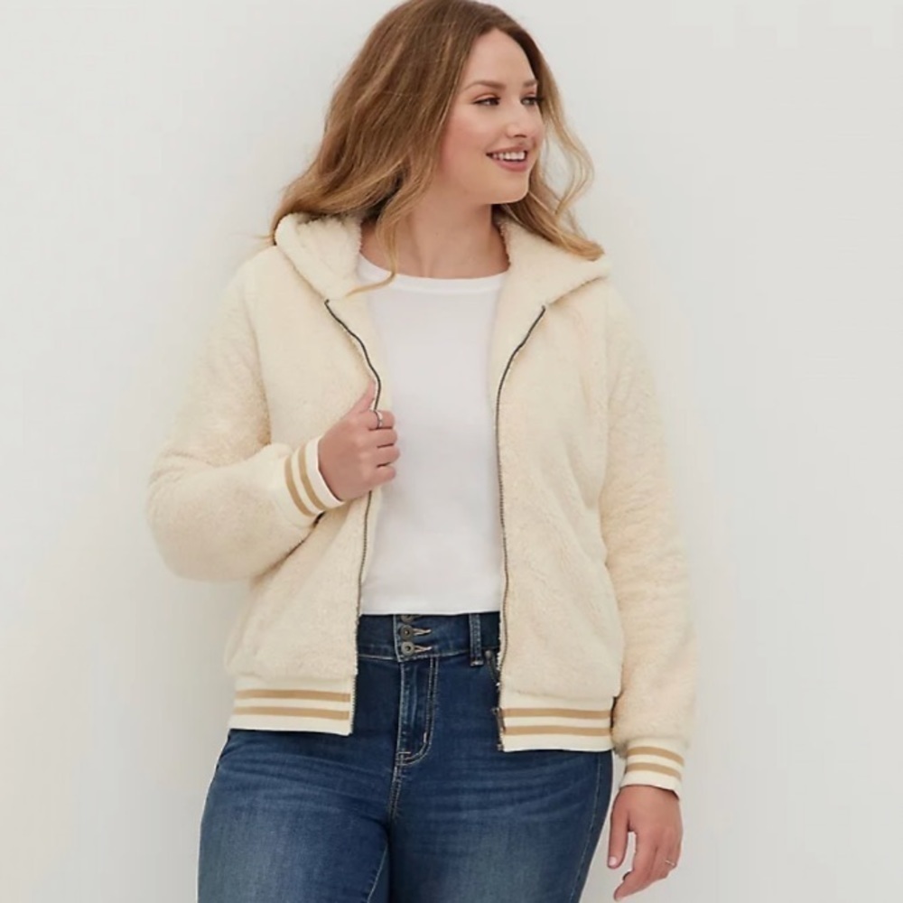NWT Torrid Varsity Faux Fur Hooded Bomber Jacket In Cream